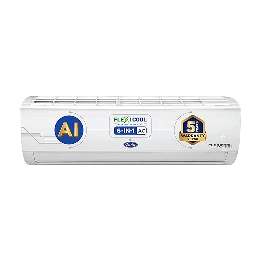 Carrier 1.5 Ton 5 Star AI Flexicool Inverter Split AC (Copper, Convertible 6-in-1 Cooling,Dual Filtration with HD &amp; PM 2.5 Filter, Auto Cleanser, 2023 Model,ESTER Exi -CAI18ES5R33F0 ,White)