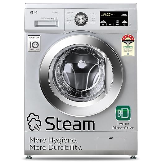 LG 8 Kg 5 Star Inverter Direct Drive Fully Automatic Front Load Washing Machine Appliance (FHM1408BDL, Steam, In-Built Heater, Touch Panel, Silver)