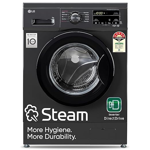 LG 7 Kg 5 Star Inverter Touch panel Fully-Automatic Front Load Washing Machine with In-Built Heater (FHM1207SDM, Middle Black, Steam for Hygiene Wash), Free 1 Year Extended warranty