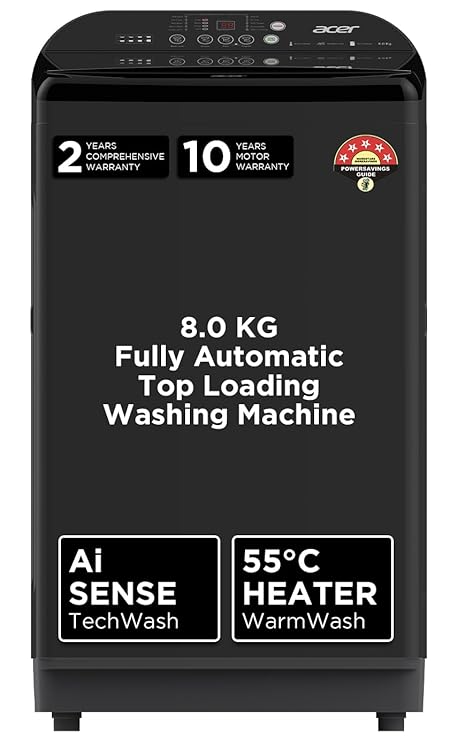 Acer 8.0 Kg Halo Wash Series Fully-Automatic Top Load Washing Machine (In-built Heater, AiSense, AutoBalance, HelixFlow Jet Tech, FrothPlus Tub Tech, AR80FATLP1GT, 2023 Model, Grey)